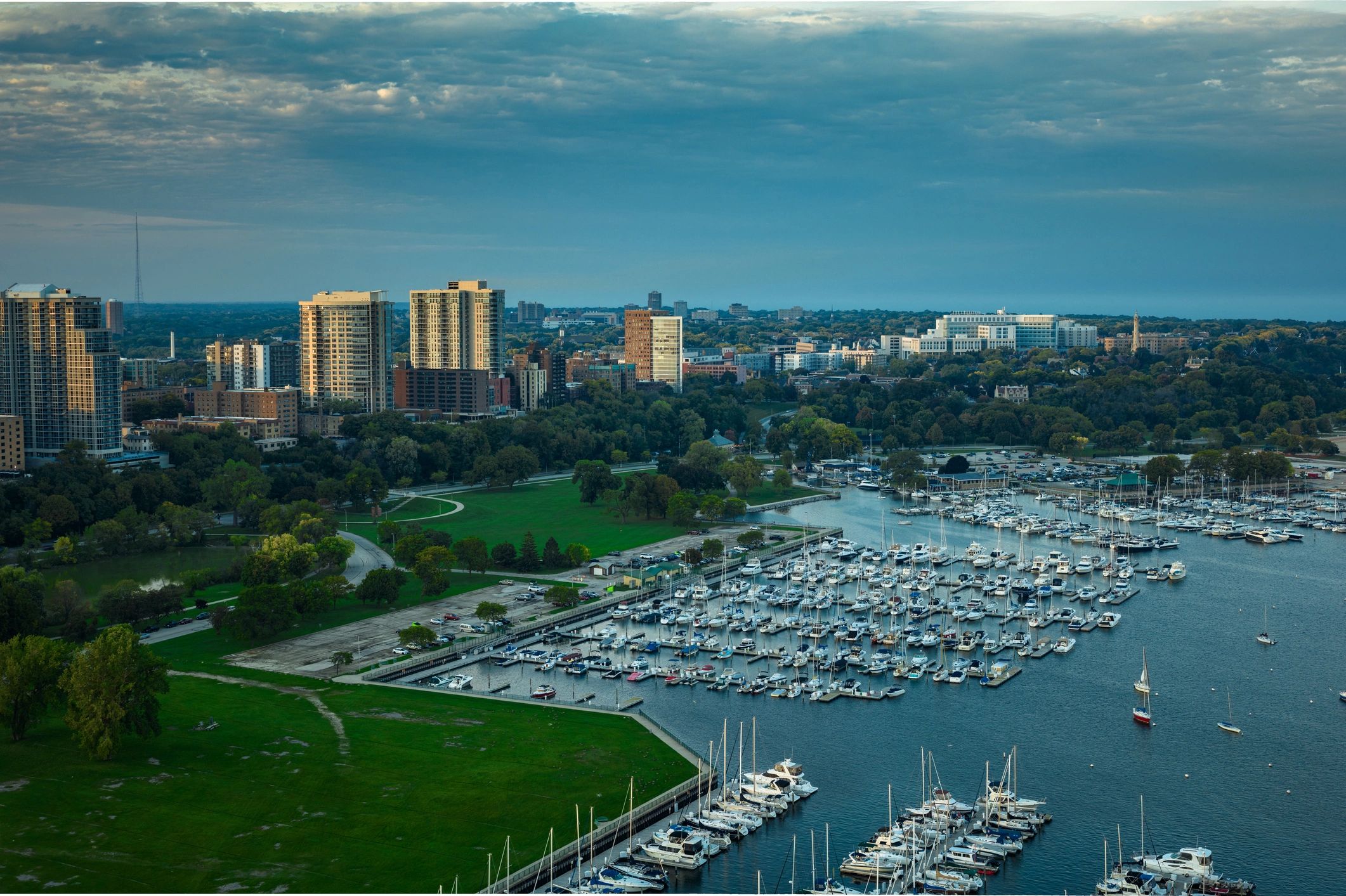 Aerial view of marina and boat parking area